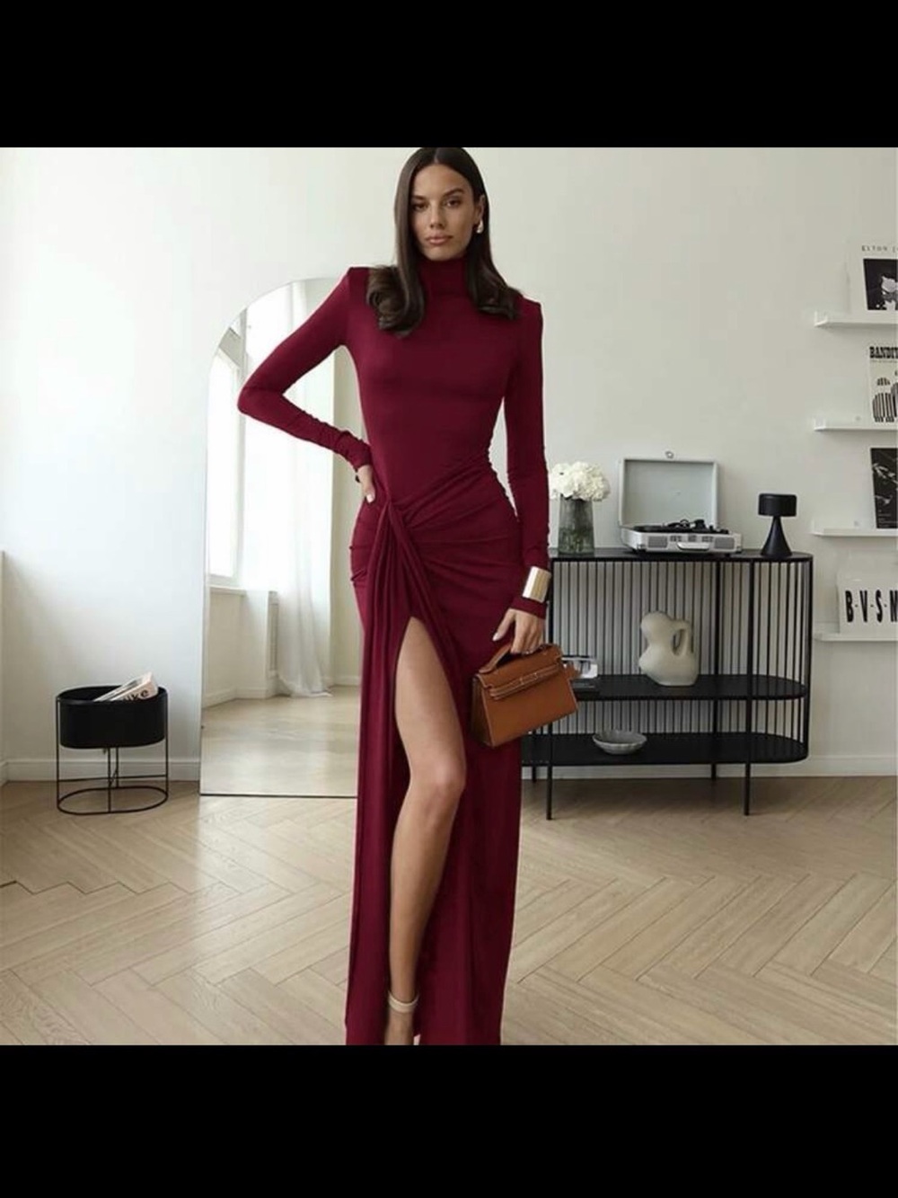 Elegant Burgundy Long-Sleeve High-Neck Dress with Side Drape and Thigh Slit